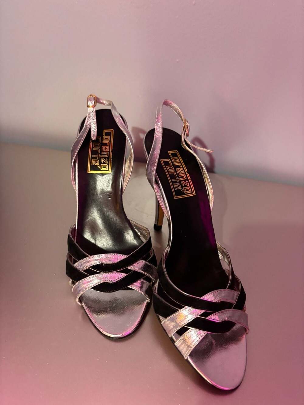 Lorenzo Corte Silver Black Straps Slingback Stiletto Heels Made Italy Size 7.5